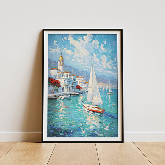 Coastal Impressionist Canvas Print – Mediterranean Seaside Art, Framed Wall Decor, Nautical Sailboat Painting, Ocean Blue Poster