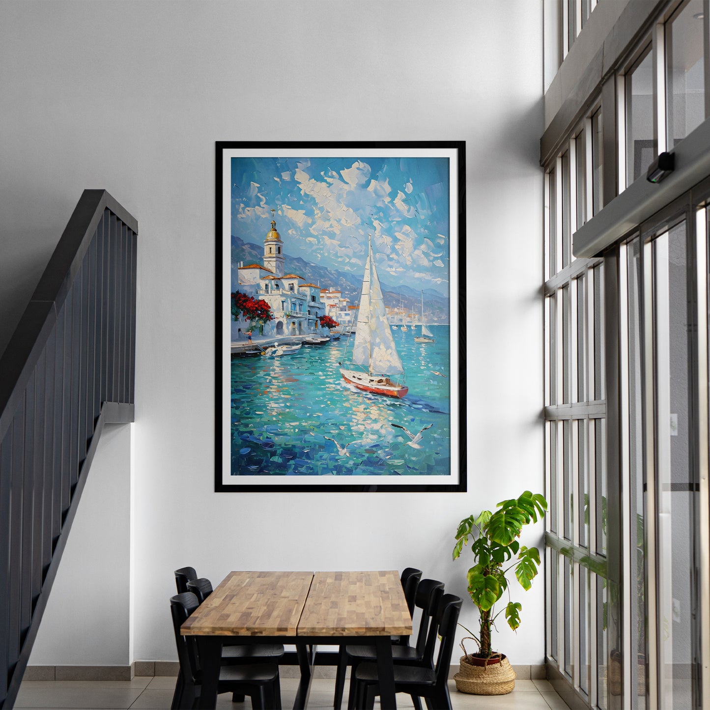 Coastal Impressionist Canvas Print – Mediterranean Seaside Art, Framed Wall Decor, Nautical Sailboat Painting, Ocean Blue Poster