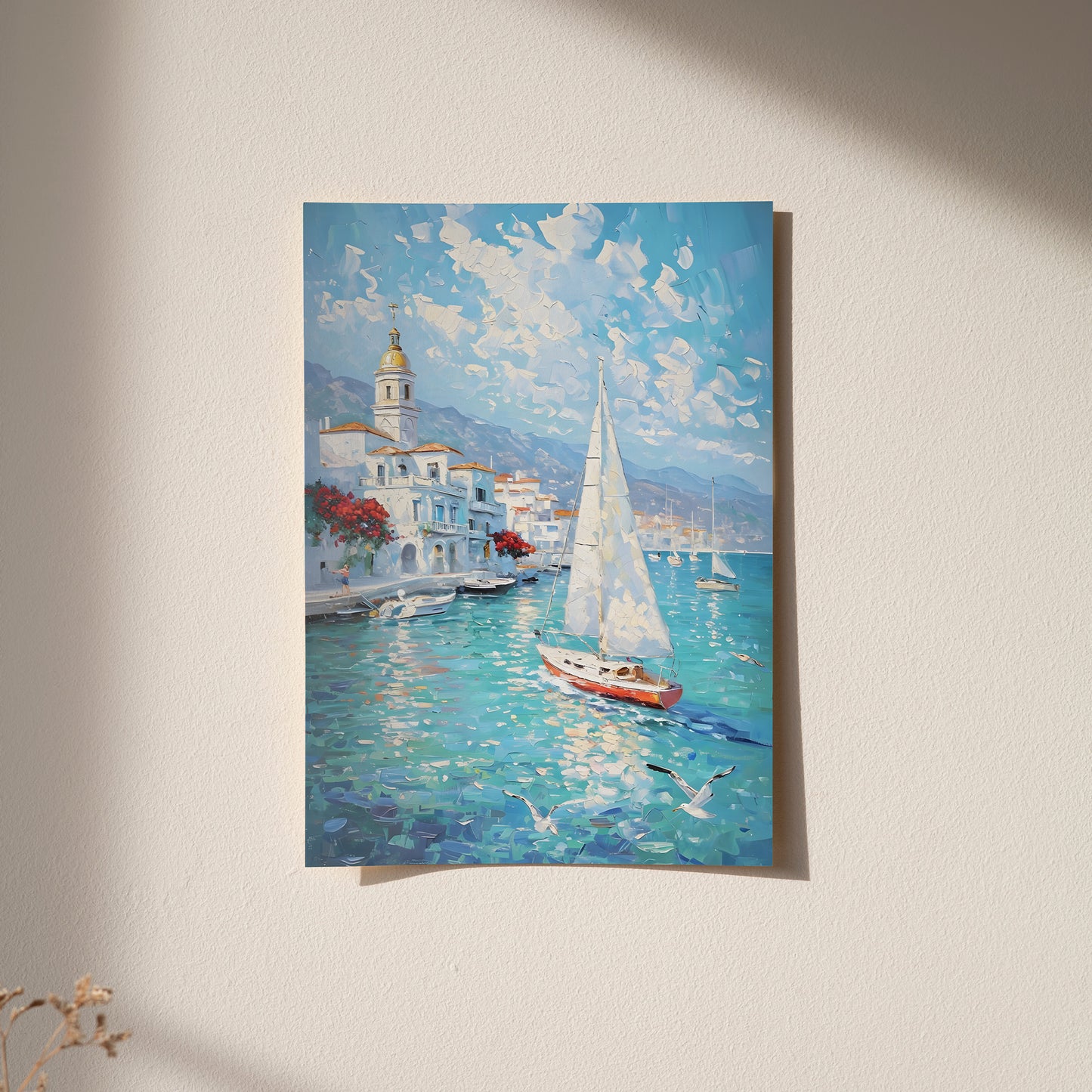 Coastal Impressionist Canvas Print – Mediterranean Seaside Art, Framed Wall Decor, Nautical Sailboat Painting, Ocean Blue Poster