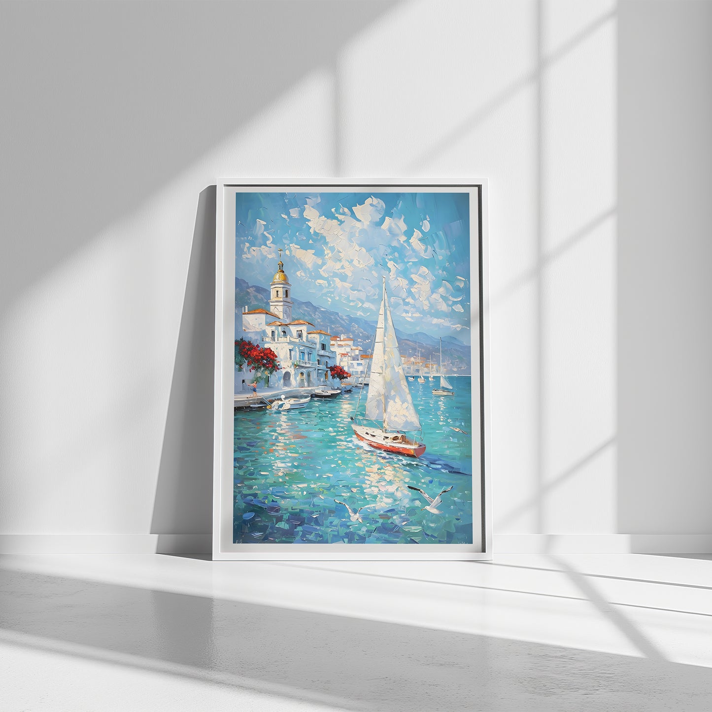 Coastal Impressionist Canvas Print – Mediterranean Seaside Art, Framed Wall Decor, Nautical Sailboat Painting, Ocean Blue Poster