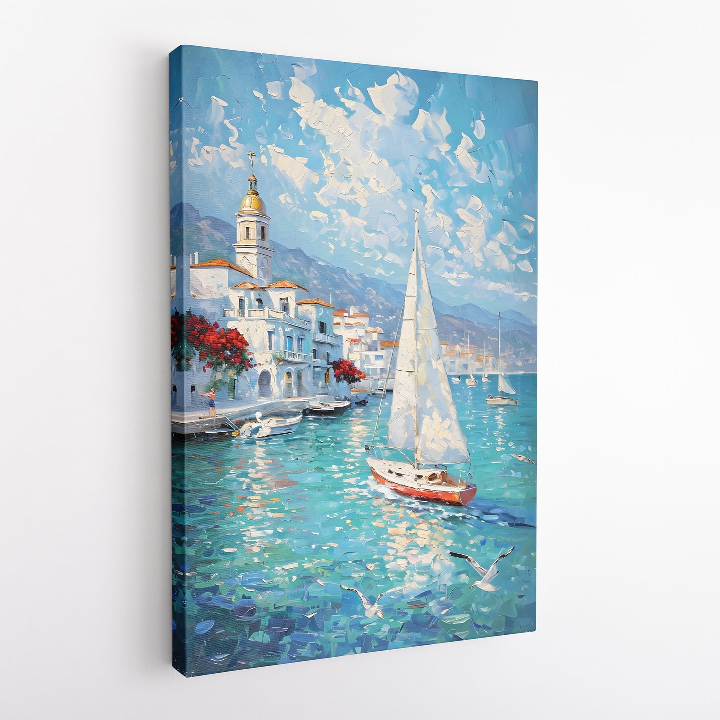 Coastal Impressionist Canvas Print – Mediterranean Seaside Art, Framed Wall Decor, Nautical Sailboat Painting, Ocean Blue Poster